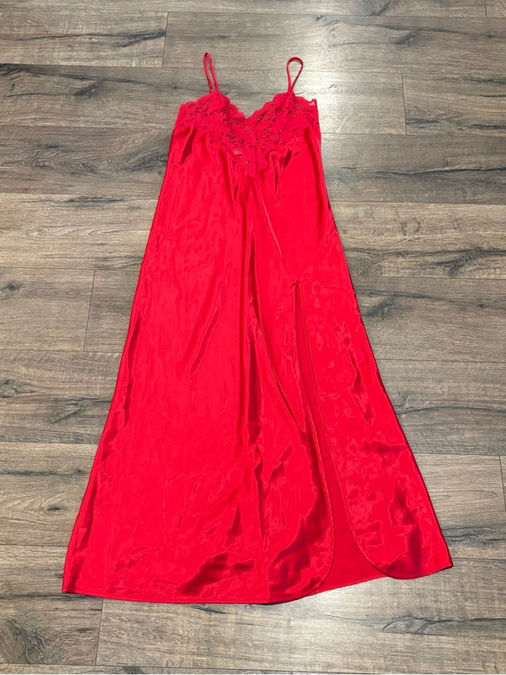 3641 90s Victoria’s Secret Silky Satin Red Lace Vintage Maxi Gown Slip Dress